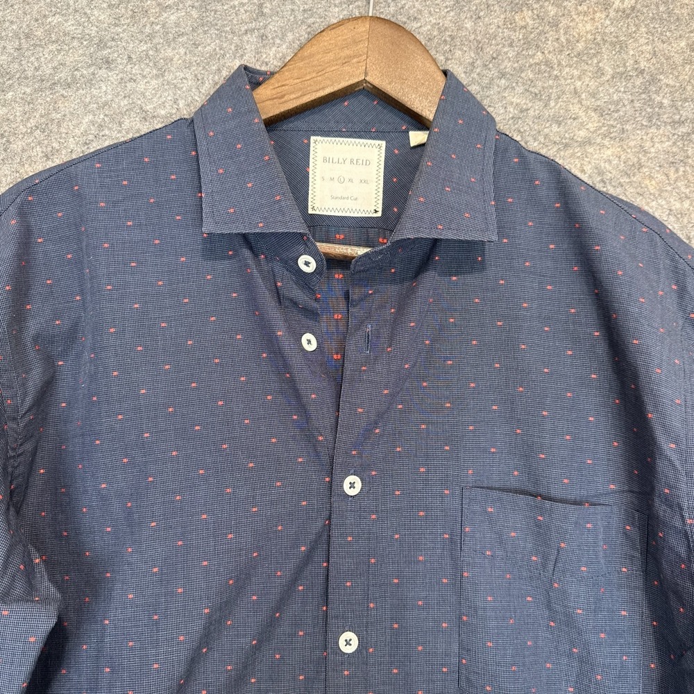Billy Reid Button Shirt Mens Large Dot Pattern Navy Blue Red Pocket Standard Cut